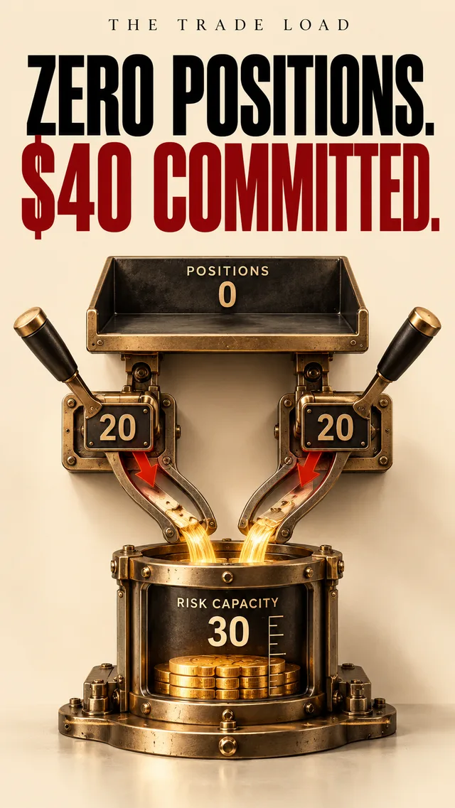 A2S: Zero positions, $40 committed. Two brass order levers feed a shared risk vessel.