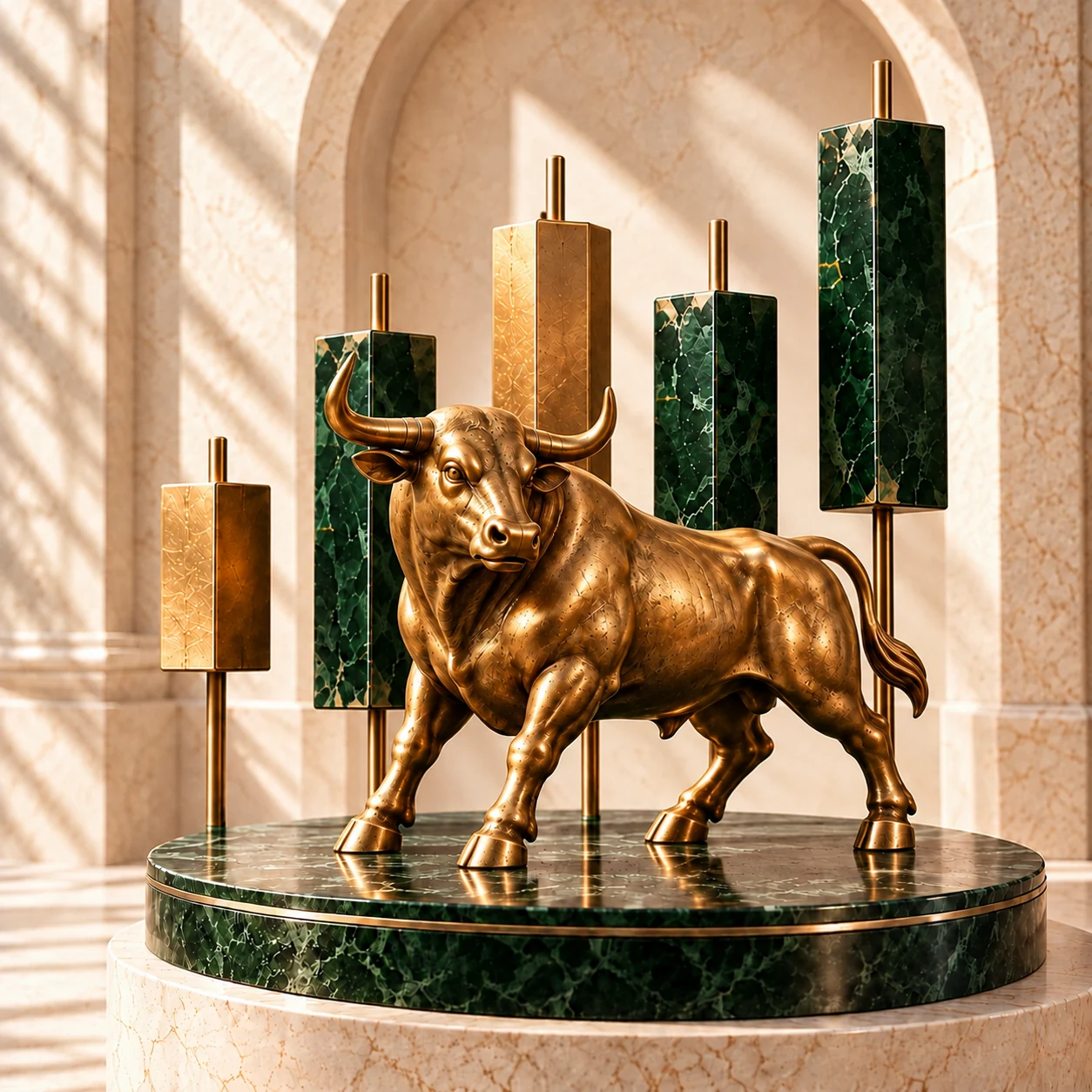 A brass bull stands before emerald and brass price candlesticks on a green marble plinth, framed by an ivory stone arch.